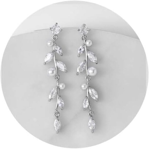 Pearl Drop Wedding Bridal Earrings for Brides or Women Dangling Prom Party - Picture 1 of 6